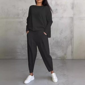 Women's Irregular Suit Long-sleeved Round Neck Top And Loose Harem Pants With Pockets